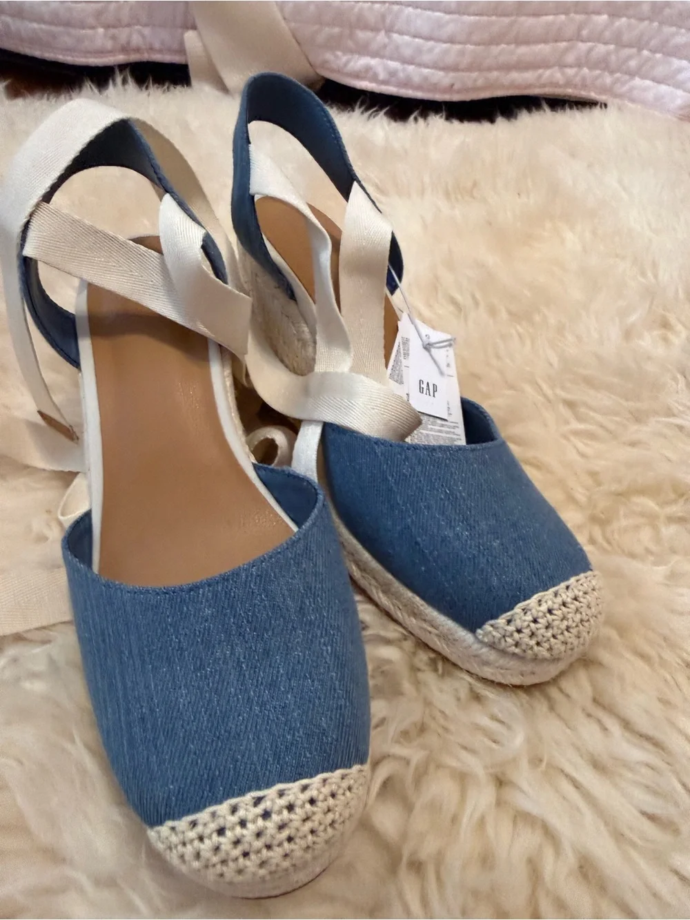 GAP Denim Blue Espadrille Wedge Sandals with Cream Ankle Wrap